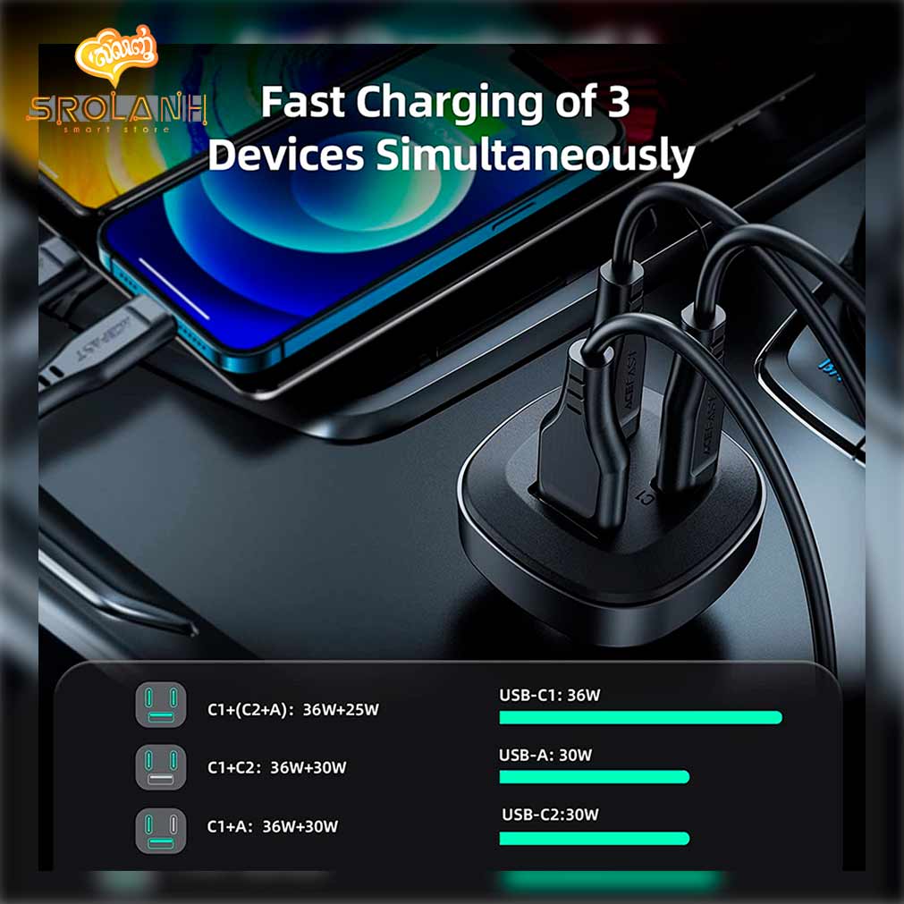 ACEFAST B3 66W ( USB-C + USB-C + USB-A ) Three-Port Metal Car Charger