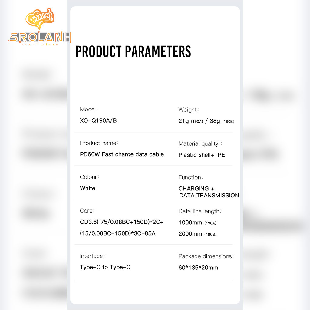 XO NB-Q190B 60W Charger Cable Type-c to Type-c 2M