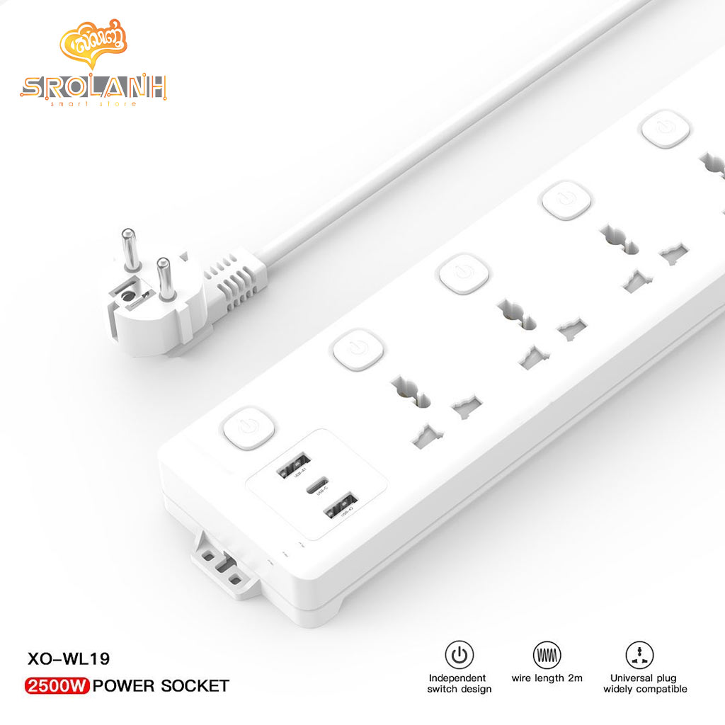 XO WL19 (EU) long row 5AC jack+USB-A+1USB-C with Independent Switch