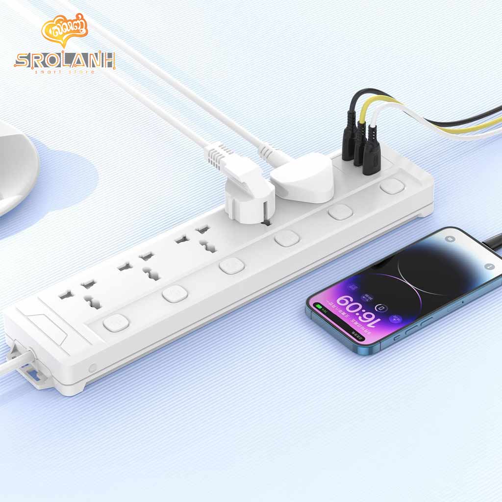 XO WL19 (EU) long row 5AC jack+USB-A+1USB-C with Independent Switch