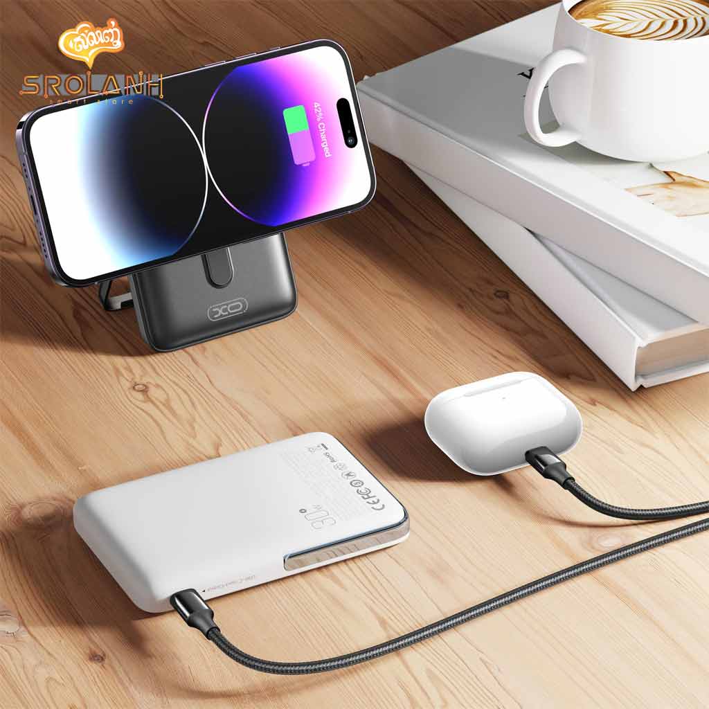 XO PR233 10000mAh 15W magnetic wireless charging+PD30W fast charging mobile power supply with built-in U-shaped bracket