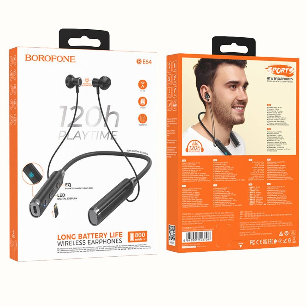 BOROFONE BE64 Neckband Bluetooth Earphones BT5.3,Playback Headset with TF Card Playtime 120H