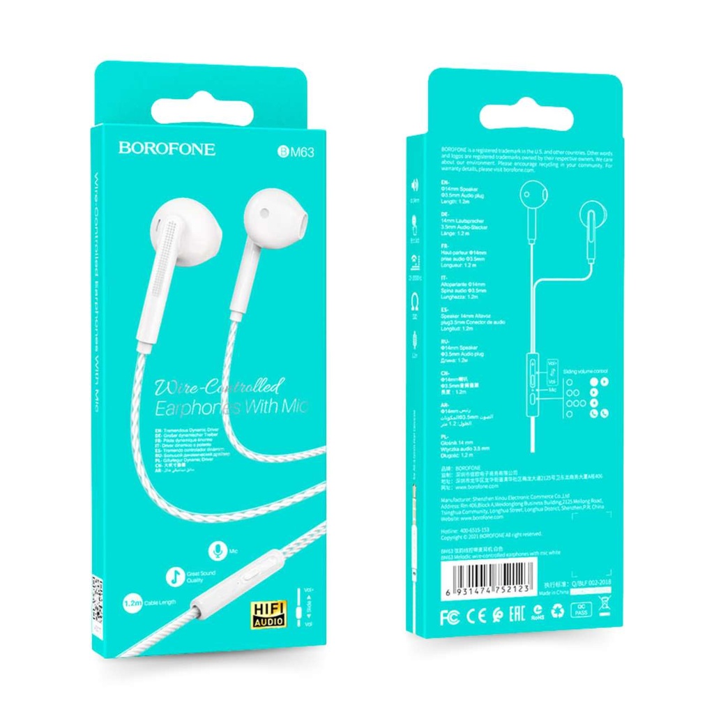 BOROFONE BM63 Melodic, wired universal earphones with mic 3.5mm audio plug, cable 1.2m