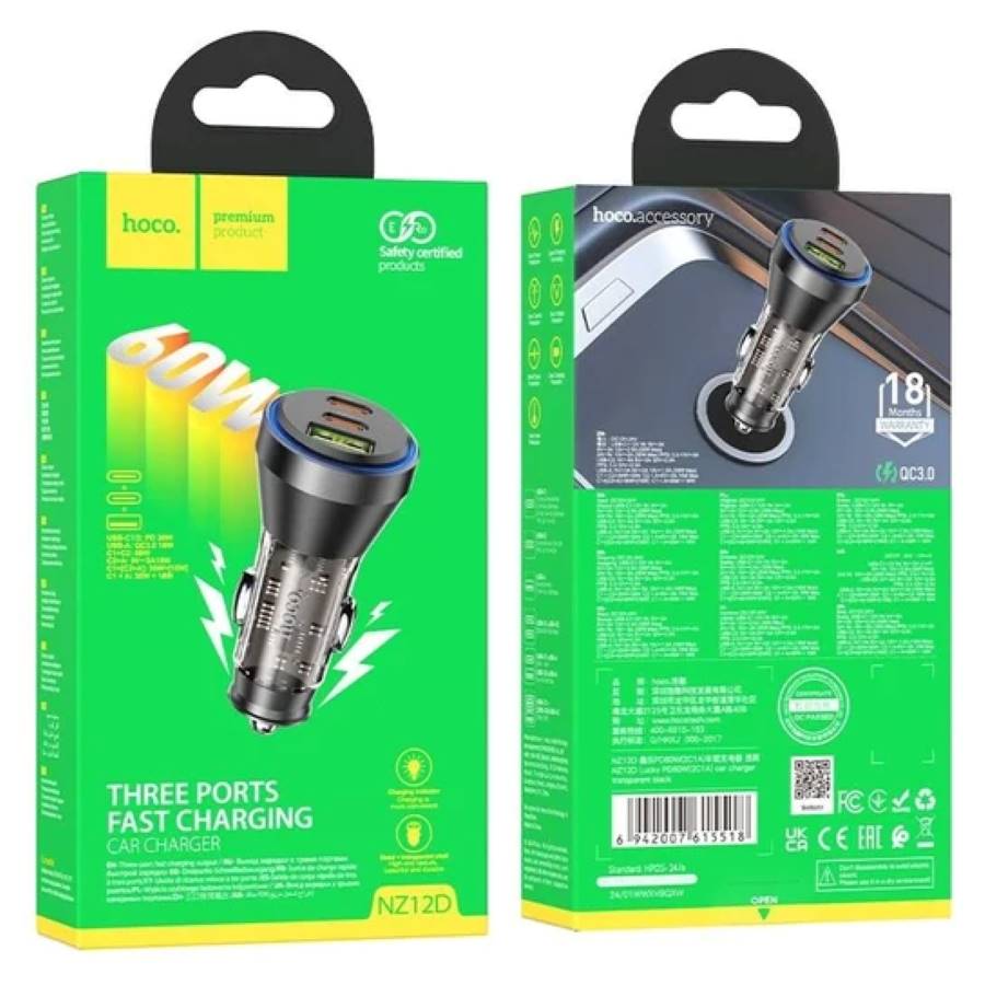 HOCO NZ12D Car charger 2Type-C + 1USB fast charging quick charger 100% authentic PD60W+QC3.0