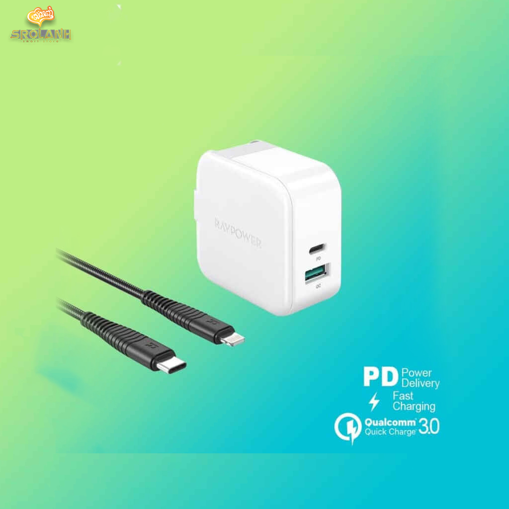 RAVPOWER 18W Dual-Port USB PD Charger with Type-C to Lightning RP-PC116