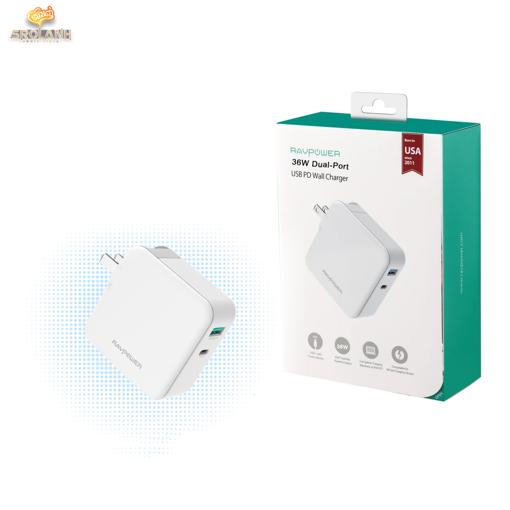 RAVPOWER 36W Dual-Port USB PD Wall Charger PD18W+QC3.0 RP-PC080